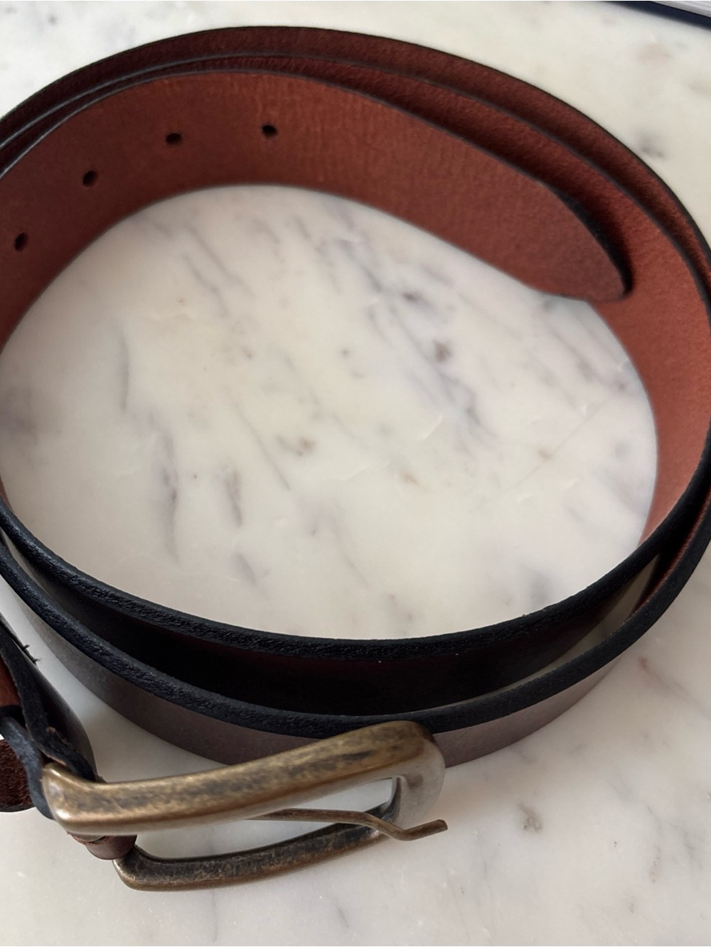 L.L. Bean Two-Tone Brown and Black Leather Belt with Brass Buckle